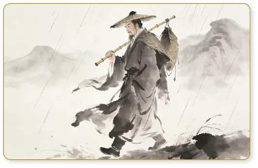 水墨意境中的苏轼披蓑戴笠、行于山水风雨之间